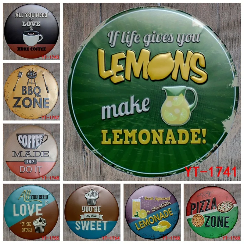 30X30CM/ round plates antique retro metal tin signs BBQ pizza lemonade love sweet Iron painting poster vintage home wall plaque