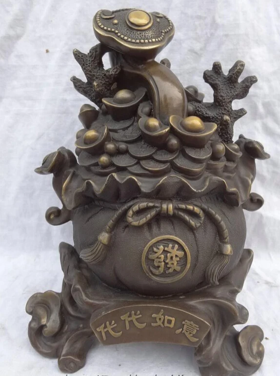 

shitou 001917 10" Chinese Pure Bronze FengShui Wealth Fa YuanBao RuYi Coin Statue Bag Set discount 30% (C0324)