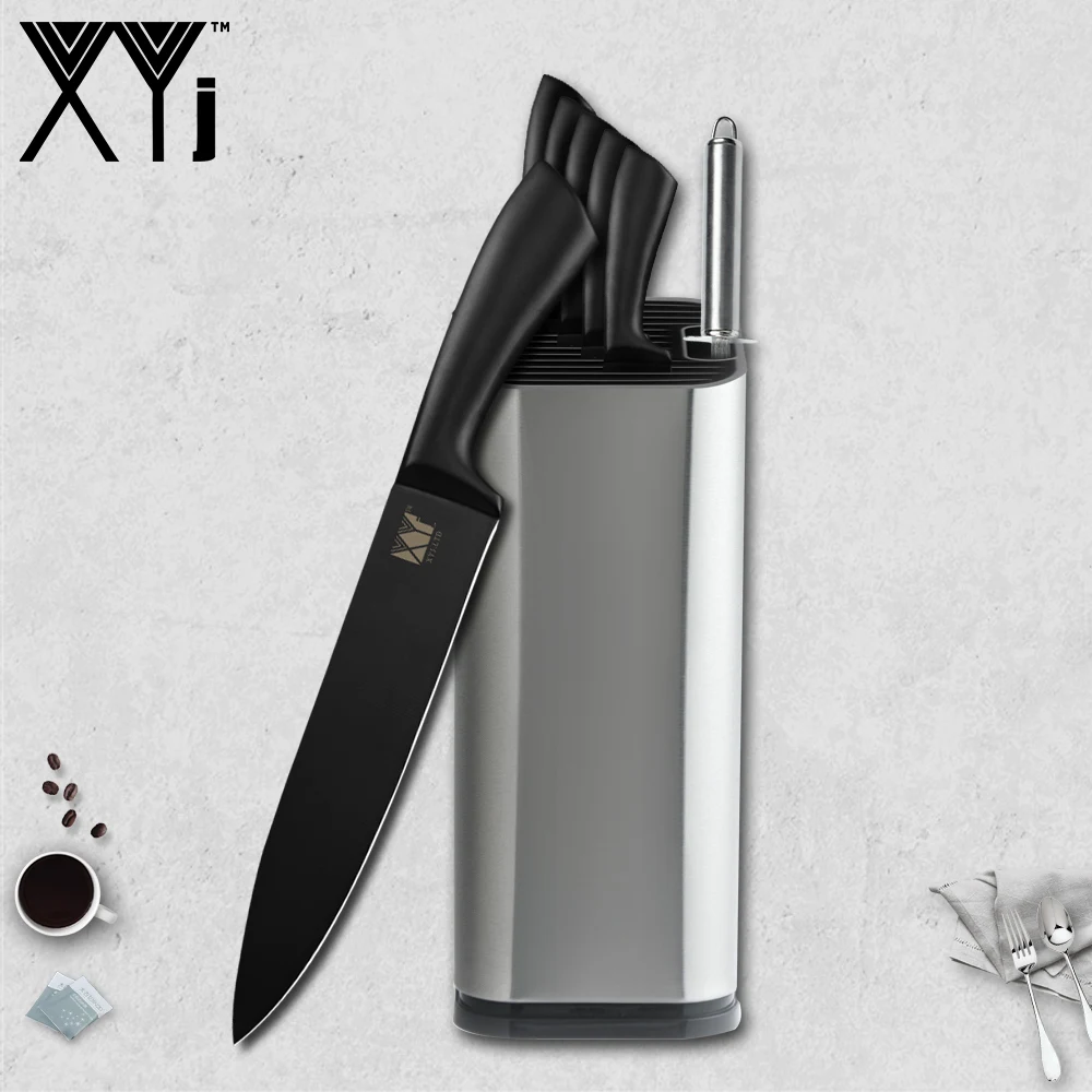 XYj набор кухонных ножей из нержавеющей стали с высоким содержанием углерода, все черные цвета, удобная ручка, кухонный нож, точилка, Держатель ножей