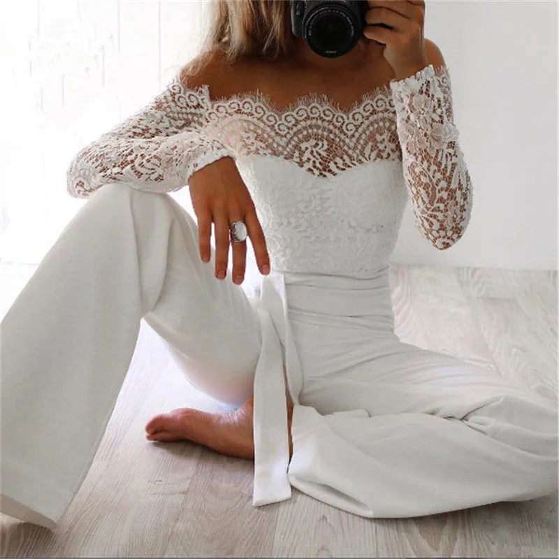 

2018 Sexy Women Off-shoulder Lace Floral Jumpsuit New Long Sleeve Slim Jumpsuit&Romper Clubwear Playsuit Bodycon Party Jumpsuits