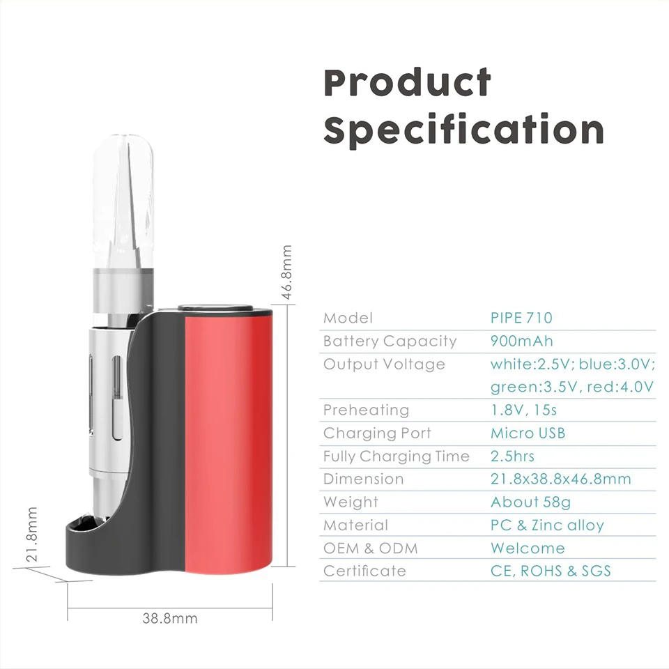 Original Vapmod Pipe 710 Mod Starter Kit 900mAh Built in Battery with 0.5ml Ceramic Coil Cartridge Tank Vaporizer Vape e cig Kit (2)