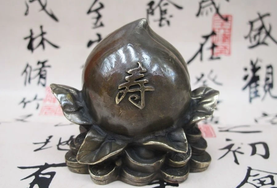 

China Folk Feng Shui Bronze Copper Lucky Wealth Money longevity Peach Statue a(5.19)