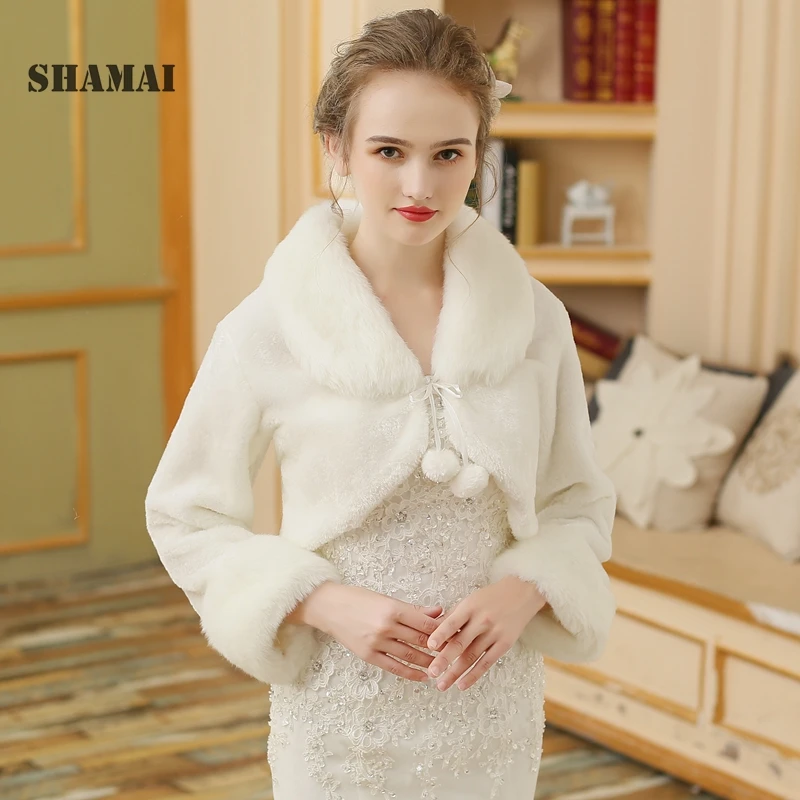 

SHAMAI Free Shipping women Winter Long Sleeve Cheap Bridal Jackets Warm Fur Boleros Wedding shrug stole faux fur bridal jacket