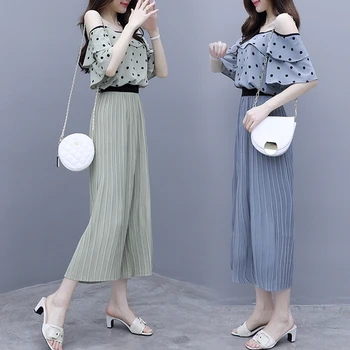 

Fashion Casual 2019 Brief Twinset Strapless Slash Neck Off Shoulder Women's Sets High Waist Dot Vintage Korean Two Piece Set