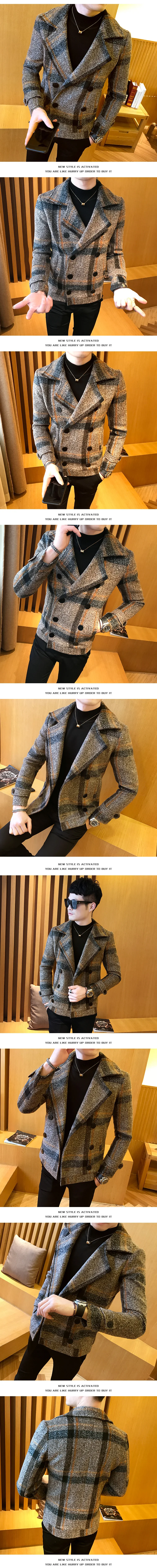 Мужская Осенняя зимняя новая Корейская версия Трендовое клетчатое толстое двубортное шерстяное пальто короткое приталенное пальто куртка 5XL