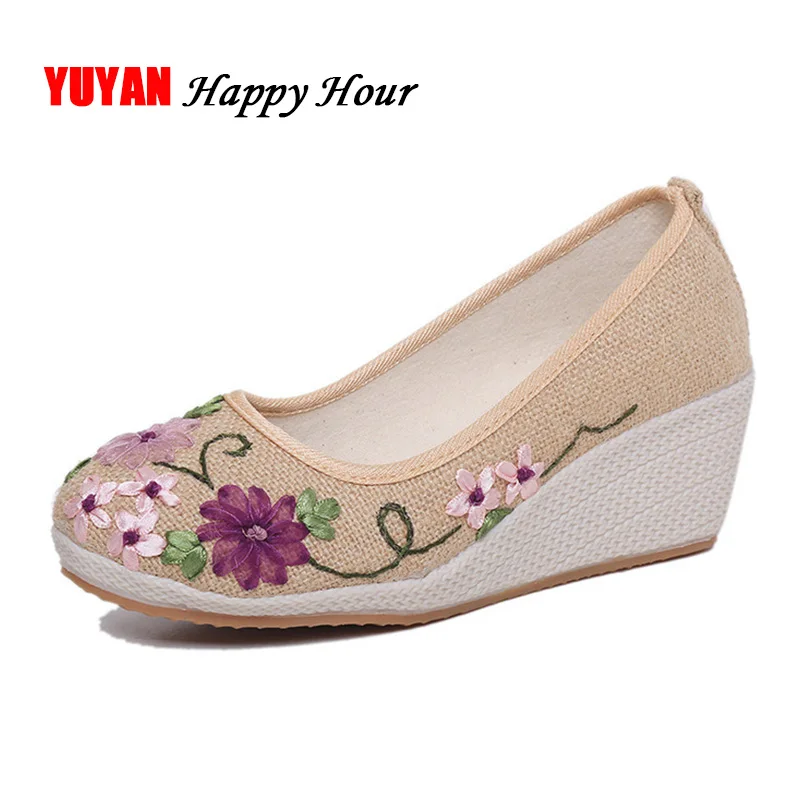 

Chinese Style Old Beijing Shoes for Women Flat Platform Shoes Hemp Women's Flats Ladies Casual Shoes Height Increasing 6cm A044