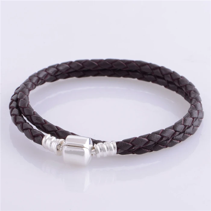 

Genuine 925 Sterling Silver Charms Bracelet Brown Double Braided Leather Bracelets for Women DIY Fits Beads Jewelry Wholesale