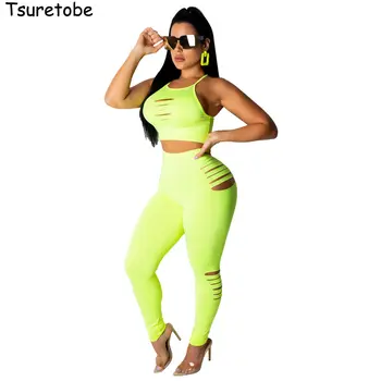

Tsuretobe Sexy Hole Bodycon Two Piece Set Women Summer Clothes Crop Top and Bodycon Pant Female Fashion Beach Tracksuit Vestidos