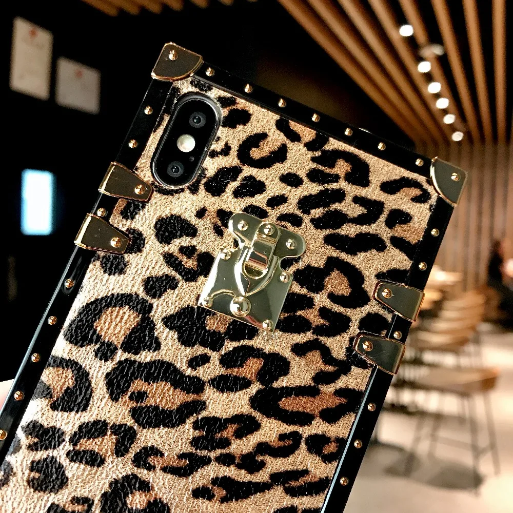 Fashion Rivet Square Box Leopard Case Cover For iPhone 11 Pro XS Max XR X 8 7 6S Plus Samsung Galaxy NOTE 10 9 8 S10E S9 S8 Plus