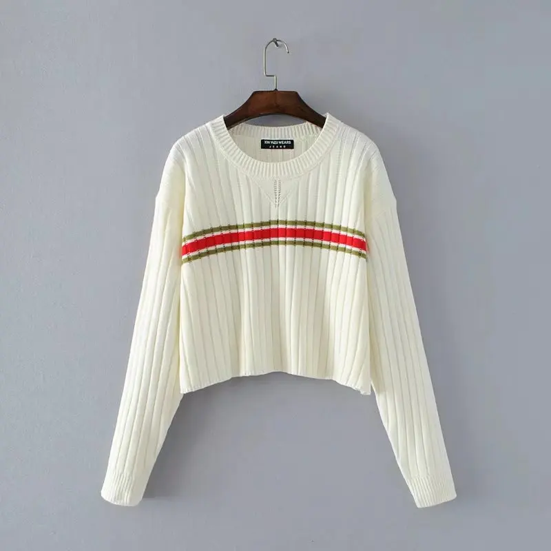 Женщины Падение плеча Блок полосатый ребра джемпер Свободный пуловер Свитера - Цвет: white