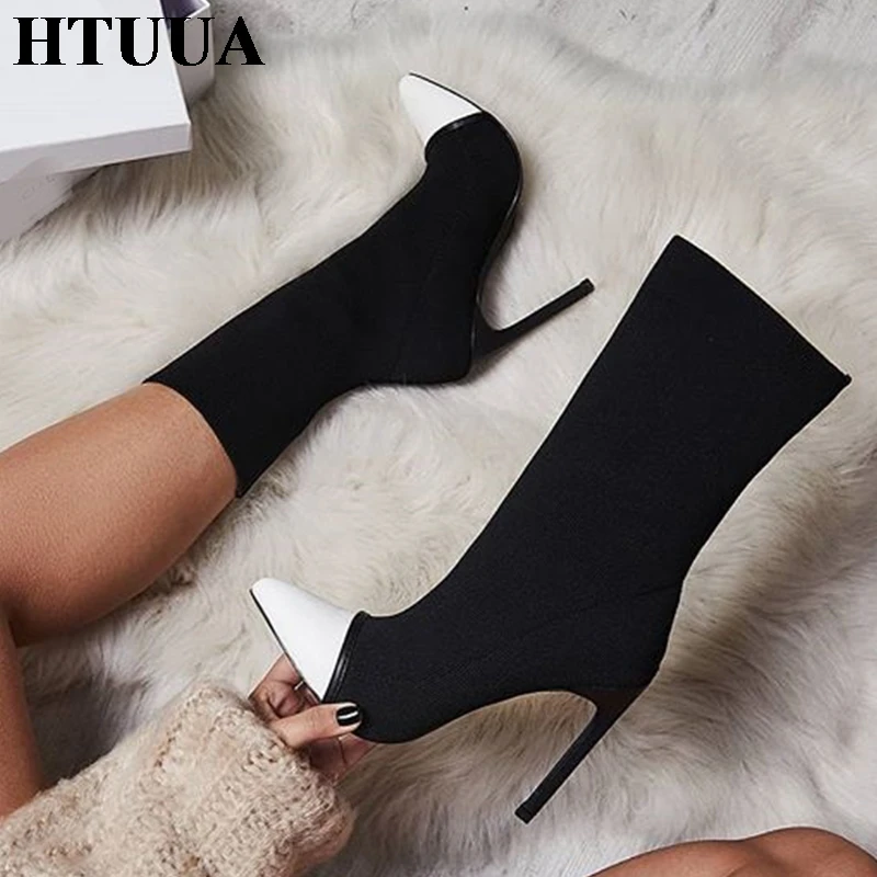 

HTUUA 2018 New Fashion Short Ankle Boots for Women Sexy Pointed Toe High Heels Autumn Winter Black White Ladies Shoes SX1465