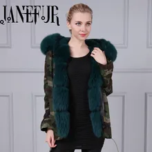 Wholesale fox fur parka winter coat long sleeve with hooded army coat with green faux fur lining long jacket