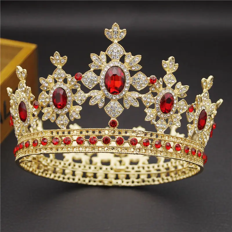 Королевская королевская Королевская корона свадебная тиара круглая свадебная диадема Корона кристалл розовый светло-золотой невесты свадебные украшения для волос - Окраска металла: Gold Red