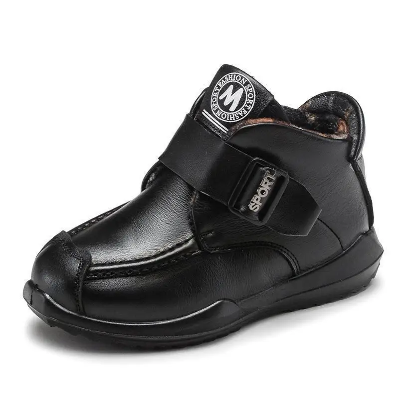 Осенне-зимняя обувь для мальчиков; детские ботинки; Модные ботильоны; ботинки из натуральной кожи; теплые плюшевые детские ботинки на нескользящей резиновой подошве - Цвет: Black