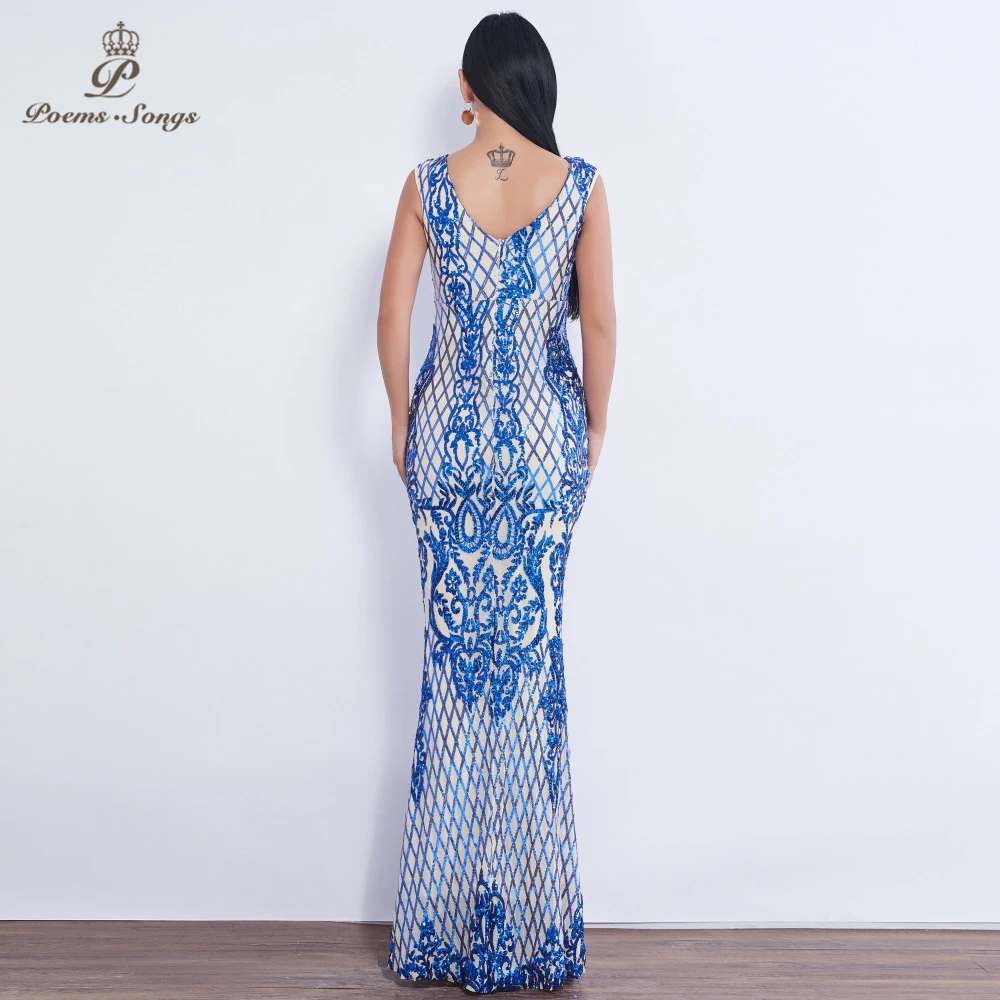 Poems Songs 2019 New blue/ red /gold pattern style Sequin Evening dresses long vestido de festa longo prom dress robe de soiree