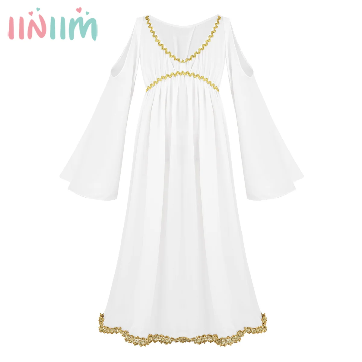 

Children's Halloween Party Dress Long V-neckline Gold Trim Greek Goddess Cosplay Role Play Girls Dress Up Costume for Kids