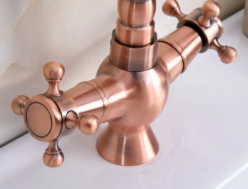 Antique Red Copper Brass Dual Cross Handles Bathroom Kitchen Basin Sink Faucet Mixer Tap Swivel Spout Deck Mounted mnf618