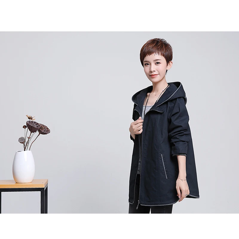 New  Women's Windbreaker 2019 Spring Autumn Casual Wild Jacket Solid Color Middle-Aged Women's HoodedCot