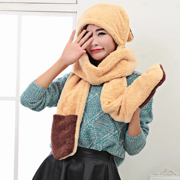 Осенне-зимний женский шарф шляпа перчатки Комплект из трех предметов женский милый кролик двухслойный плюшевый утепленный комплект термобелья - Цвет: yellow ginger