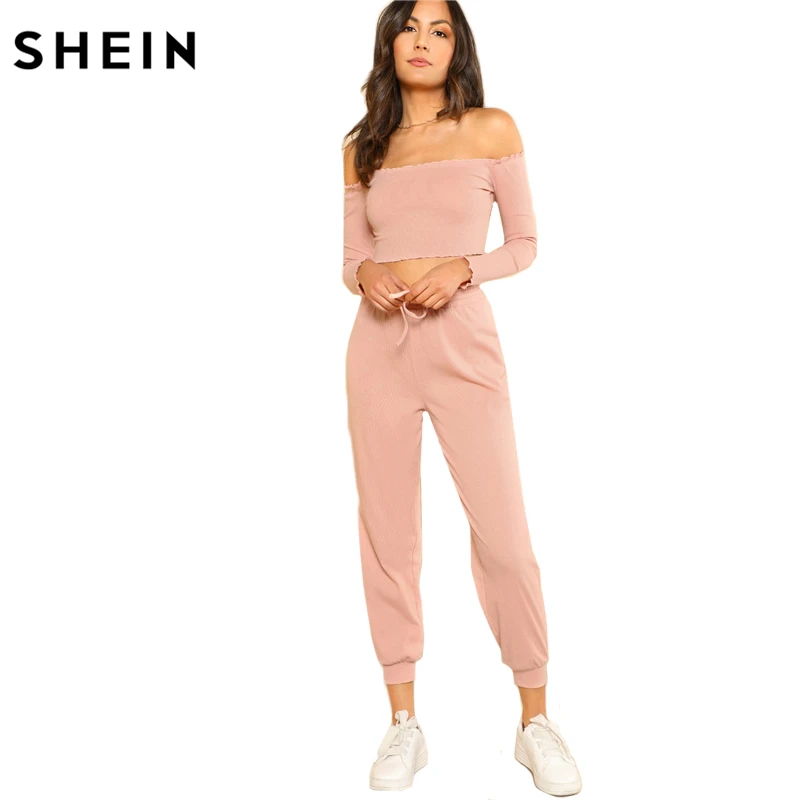 SHEIN Модный Топ С Открытыми Плечами И Спортивные Брюки Женский Спортивный