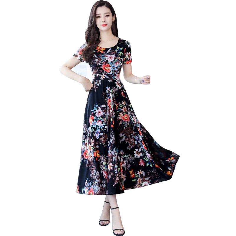 

Summer Loose Waist Long Paragraph A Word Short Sleeve Floral Sweet Bohemian Dress