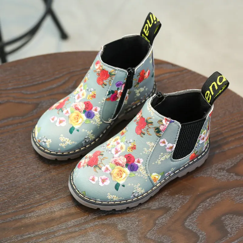 Детские ботильоны; ботинки «Челси» с цветочным принтом для мальчиков и девочек; осенние ботинки martin для девочек; детская зимняя обувь; европейские размеры 21-36 - Цвет: Photo Color