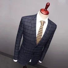 Новые мужские костюмы на осень и зиму, повседневный деловой приталенный Блейзер, пиджак, тонкая верхняя одежда, M-4XL, в клетку, темно-синего цвета