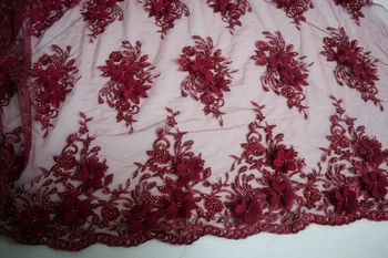 

dark red 3D flowers beaded lace fabric, embroidered bead bridal lace fabrics, embroidery lace fabric patches for couture haute