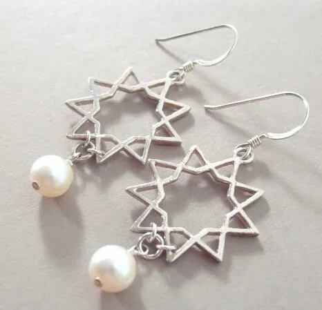 Bahai Jewelry Freshwater Pearl Nine Pointed Star Sterling Silver Wirewrapped Earrings Handmade Baha/'i Star Symbol Gemstone Earrings