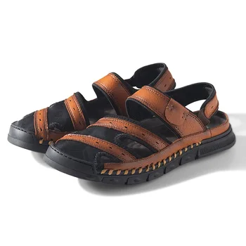 

Men Genuine Leather Upper Belt Shoes Summer Fashion Sandals Comfortable Shoes Flats Male Flip Flops Dropshipping