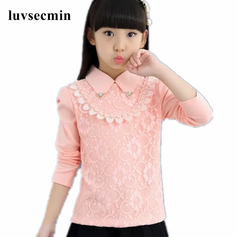 Осень-зима топы и блузки для девочек 3-12 лет с длинным рукавом белого и розового цвета с кружевом школьная блузка для девочек детская рубашка JW0331 - Цвет: pink girls blouse