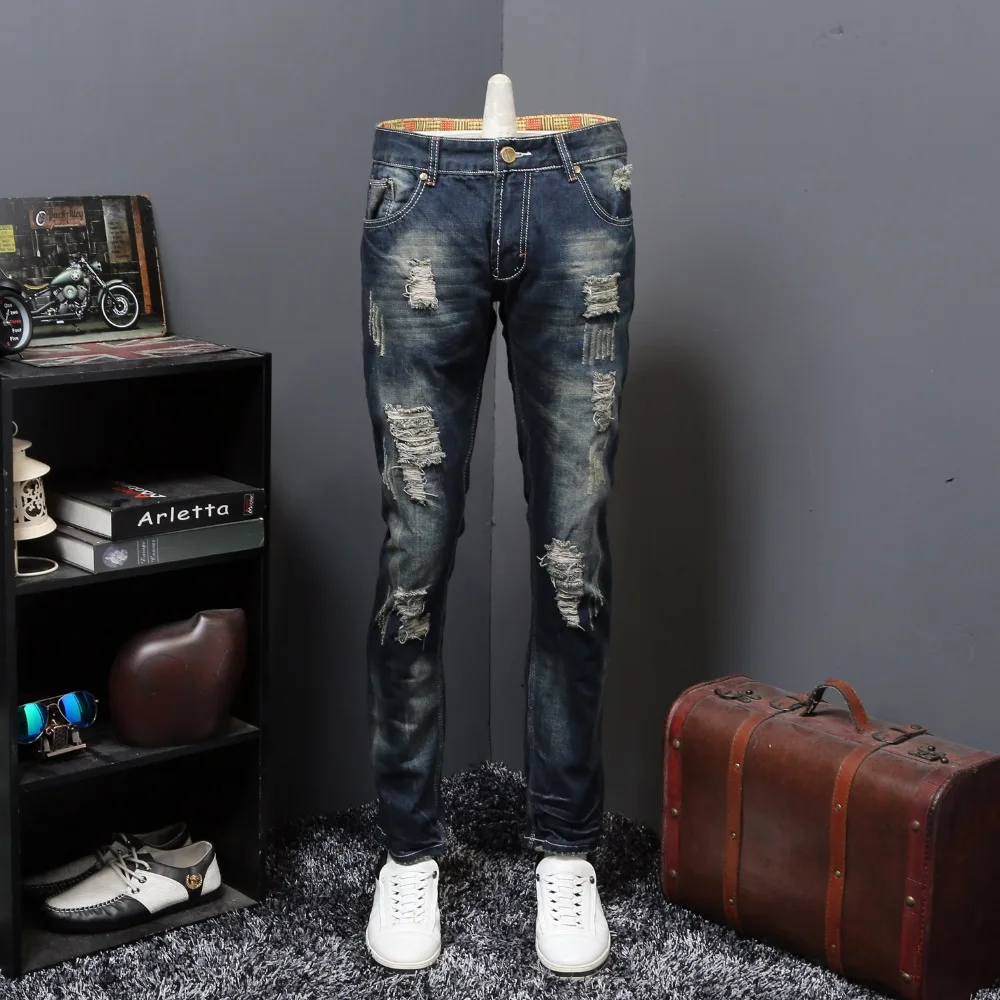 

2017 Designer Men's Ripped Jeans Pants Slim Fit Light Blue Denim Hole Male Distressed Destroyed Trousers Button Fly Pants