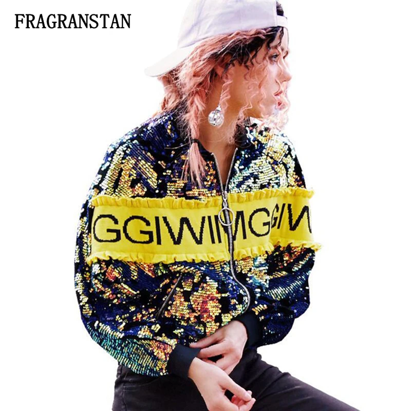 

2018 Female Spring Autumn New Long Sleeve Coat Women Fashion Letter Patchwork Sequins Jacket Hip Hop Style Loose Outwear JQ707
