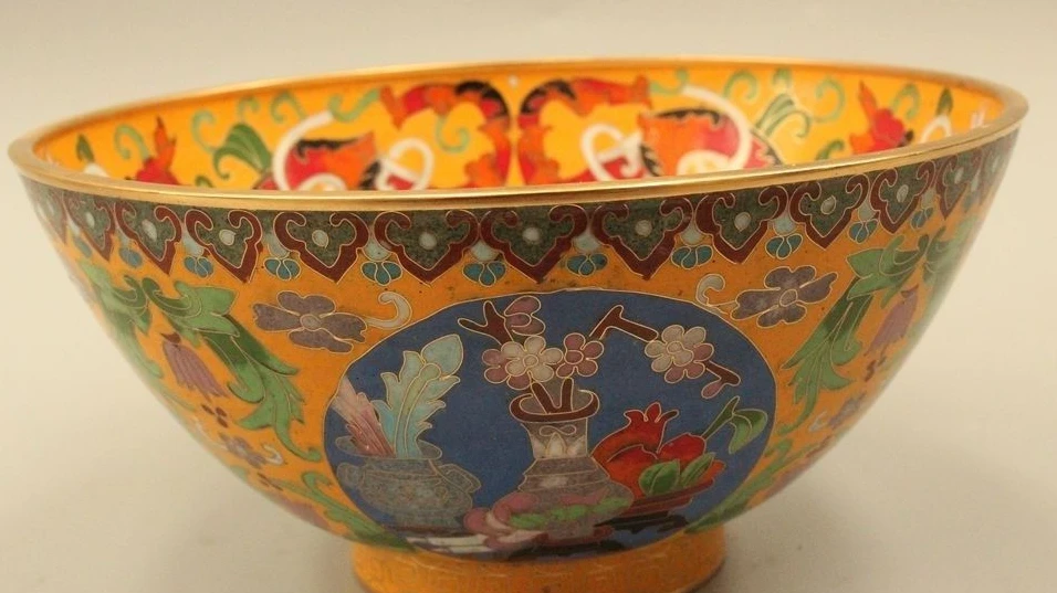 

4"Marked China Cloisonne Bronze 24K Gold Longevity Dragon Deer Symbol Bowl