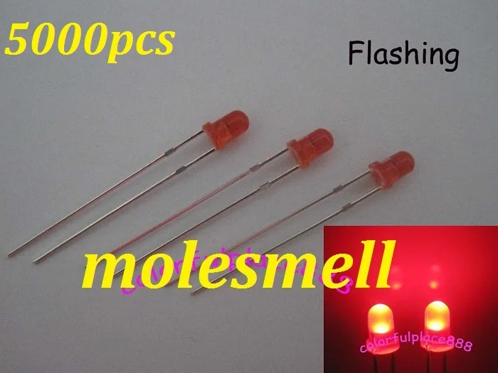 free shipping 5000pcs 3mm Red Diffused Round Self Flash Flashing LED