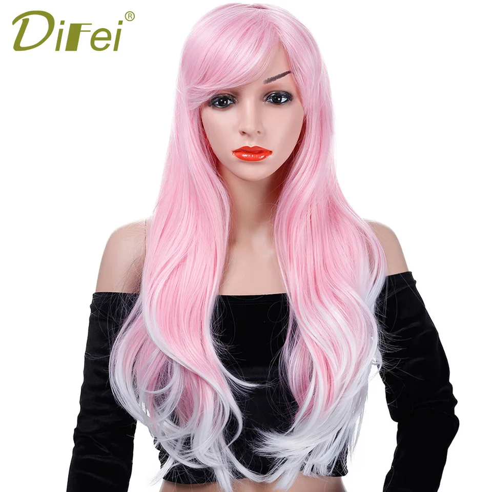 DIFEI женские 2" Длинные большие волнистые волосы парик розовый смешанный белый жаростойкий синтетический двухцветный парик