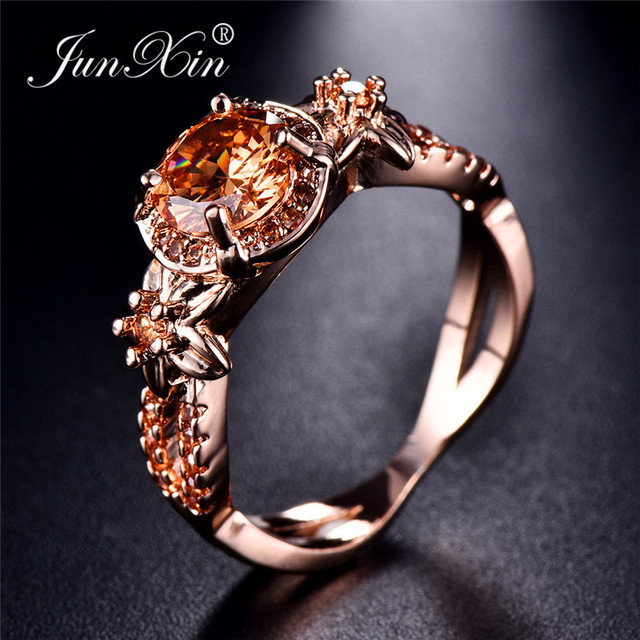 Cute Female Crystal White Blue Green Round Ring Fashion Rose Gold Flower Ring Zircon Stone Engagement Rings For Women