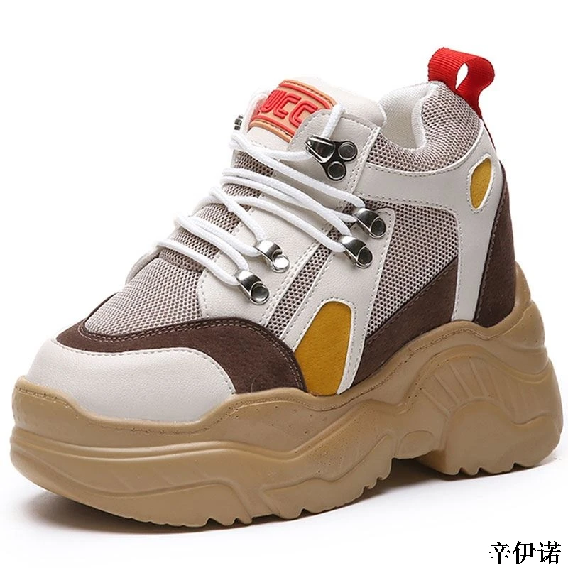 

2019 New Brand Women Platform Casual Shoes Mesh Breathable Wedge Heels Shoes 10 CM Autumn Thick Sole Height Increasing Sneakers