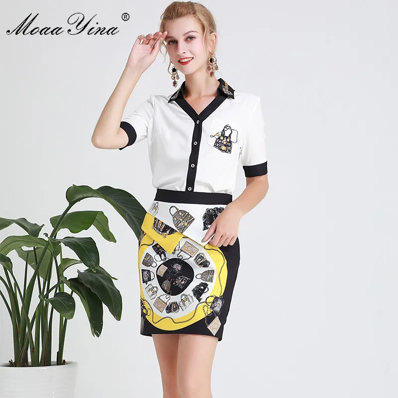 

MoaaYina Fashion Designer Set Spring Summer Women Beading V-neck Short sleeve Print Shirt Tops+Short skirt Two-piece suit