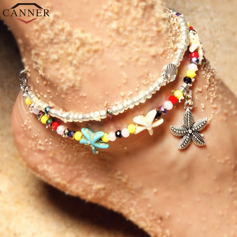 CANNER Double Layer Bohemian Starfish Sea Shells Beads Ankle Bracelet Shell Anklet Beach Boho Anklets for Women Vacation FF