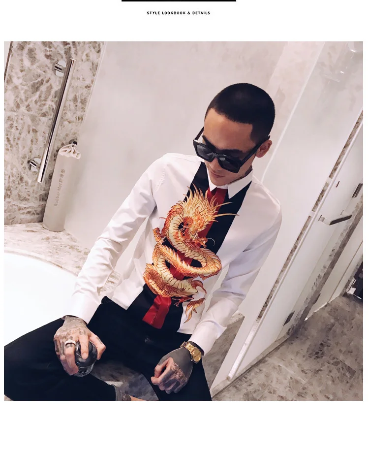 Роскошные сплайсированные ночной клуб смокинг модное платье рубашка Camisa Hombre Slim Fit рубашка Мужская Уличная с принтом дракона Мужская рубашка мужские рубашки