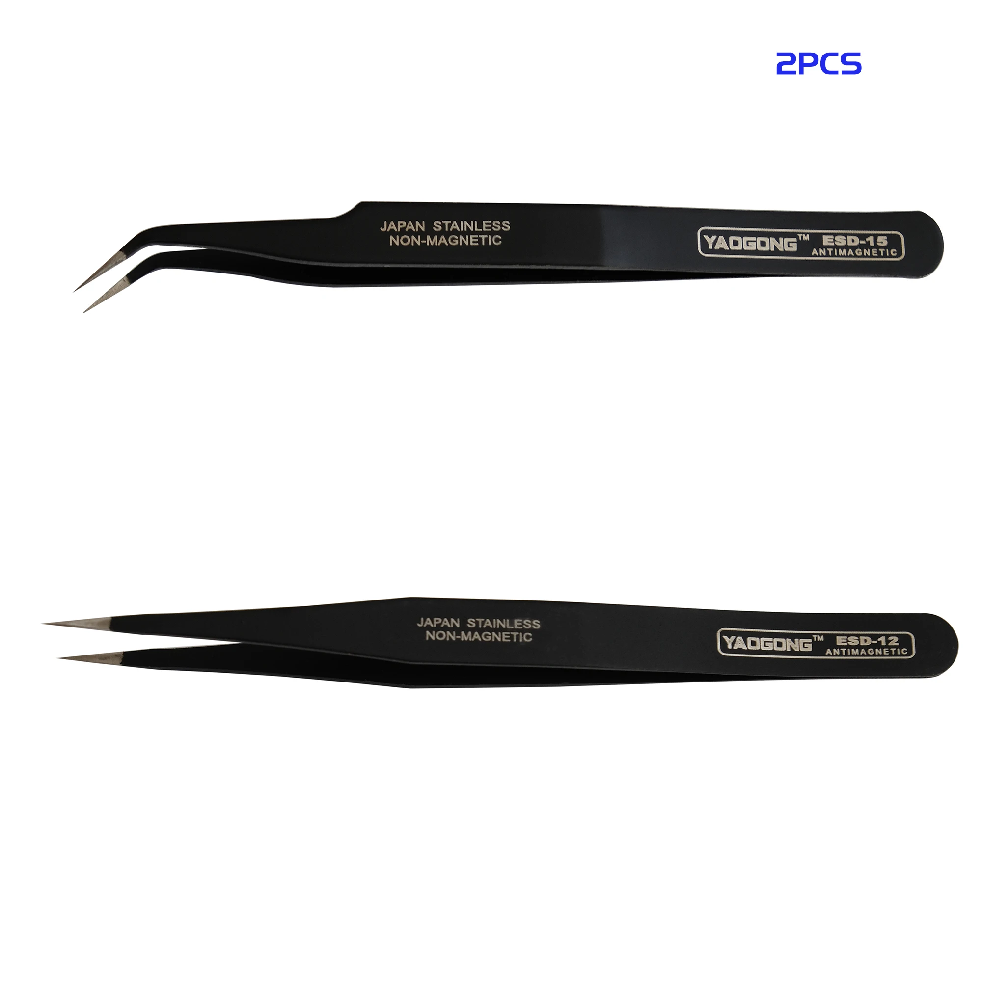 

Yaogong Stainless Anti-Static Pointed And Curved ESD Safety Tweezer (Black) 2 Pieces Set Both For Eyebrow Hair, Facial Hair Remo