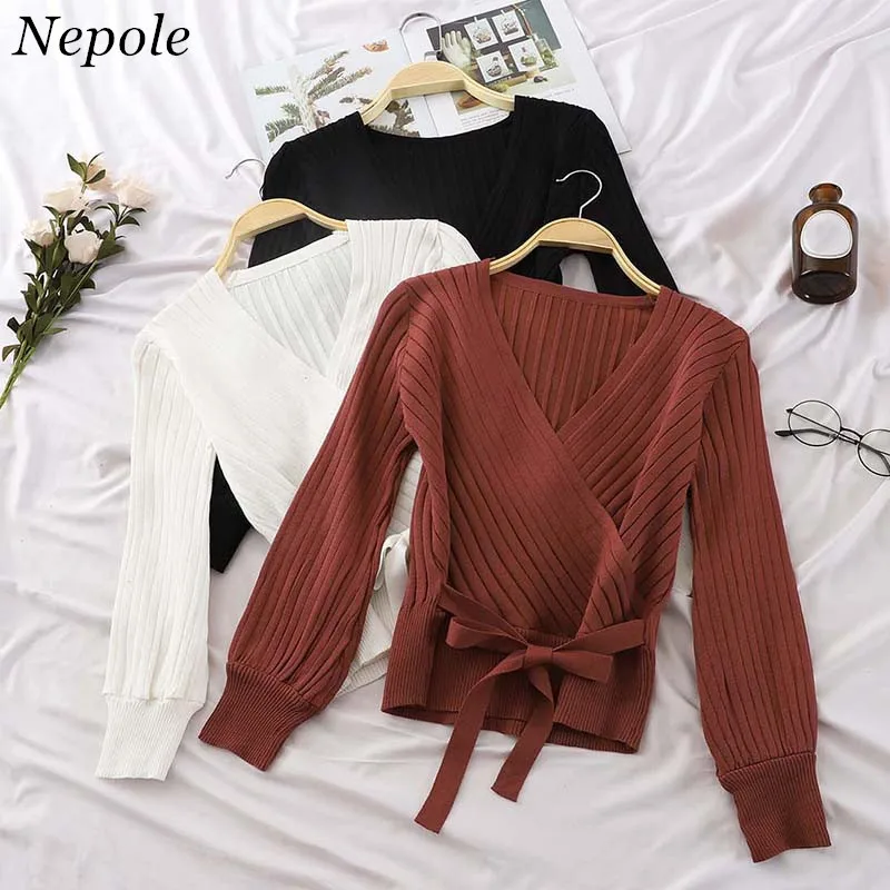 

Neploe Knitted Casual Slim Bow Tie Pullover V-Neck Sexy Solid Sashes Women Sweater 2020 Auttum New Sueter Mujer with Belt 69218