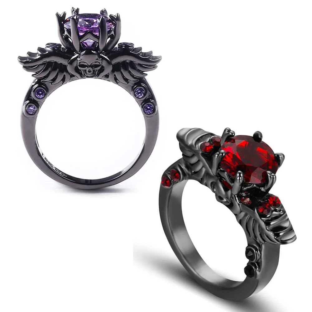 

2018 FASHION!Punk Skull Design Red / purple Round Rings Black Gold Filled Fashion Jewelry Retro Wedding Rings