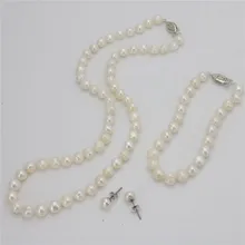 9-10 мм белый культивированный жемчуг ожерелье браслет серьги набор ювелирных изделий Модные ювелирные изделия дизайн подарки для девушек женщин xu59