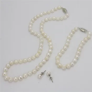 

9-10mm White Cultured Pearl Necklace Bracelet Earring Set Jewelry Sets Fashion Jewelry Making Design Gifts For Girl Women xu59