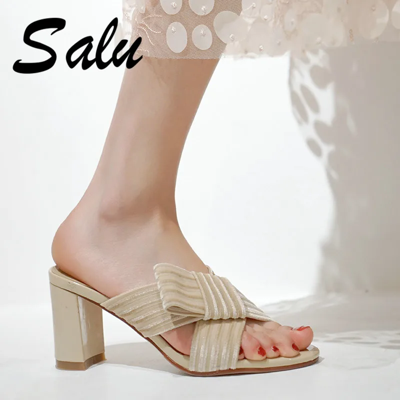 

Salu High Heels Sandals Women Transparent Clear Heels Open Toe Leather Sandals Thick Heels Wedding Shoes Woman Pink