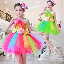 Цветное платье для танцев сальсы с цветами для девочек, сексуальный современный танцевальный костюм для девочек, Одежда для танцев, детская одежда для соревнований