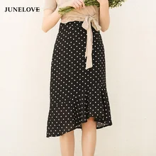 JuneLove/ г. летние винтажные Асимметричные женские юбки в горошек с рюшами, Русалка, с высокой талией, до колена, повседневные юбки