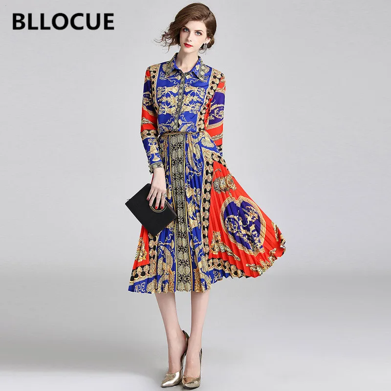 

BLLOCUE High Quality New 2019 Autumn Runway 2 Piece Set Women Vintage Color Matching Print Shirt+ Pleated Mid Skirt Suit